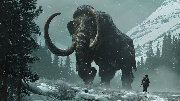El mamut gigante camina por el paisaje nevado