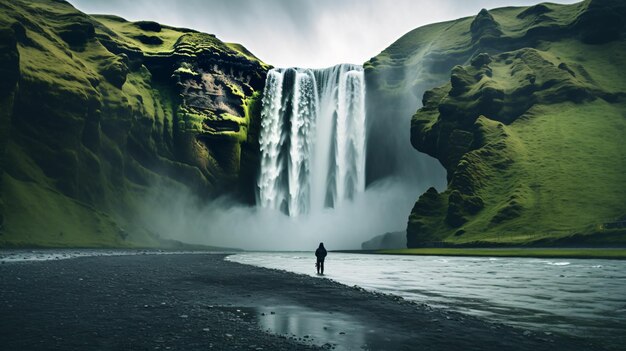 Man bewundert die Schönheit des berühmten Skogafoss-Wasserfalls