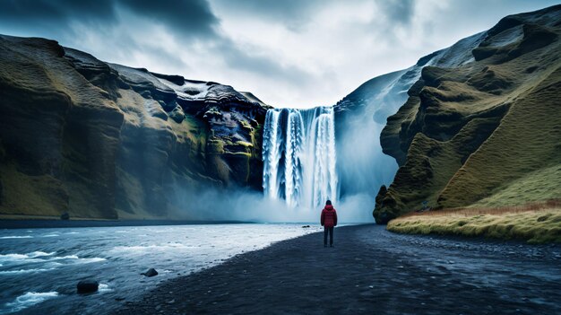 Man bewundert die Schönheit des ikonischen Skogafoss-Wasserfalls