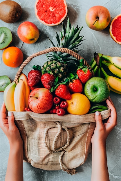 Man con una bolsa ecológica de frutas Compras saludables sostenibles Productos frescos y ecológicos