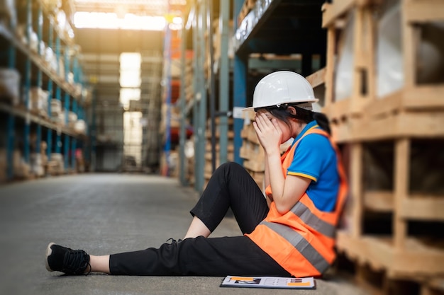 Man Engineering Professional Work in der Versandlogistik sitzend und unglücklich gestresst so müde allein xA