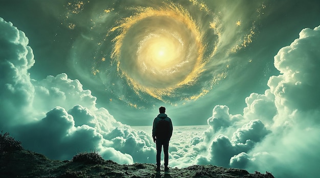 Man gazing into a cosmic portal in the sky