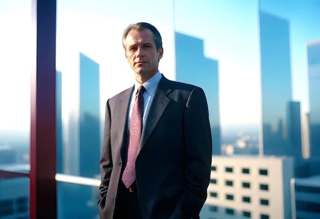 Foto a man in a suit stands in front of a window with the city behind him