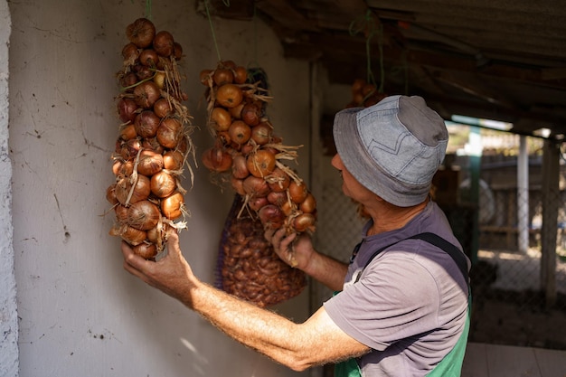 Man inspercting Lange Zwiebelsträuße, die an der Decke aufgehängt sind Landwirtschaftliche Produkte, die den Anbau von Bio-Gemüse ernten, die Lagerung, Nahaufnahme, selektiver Fokus