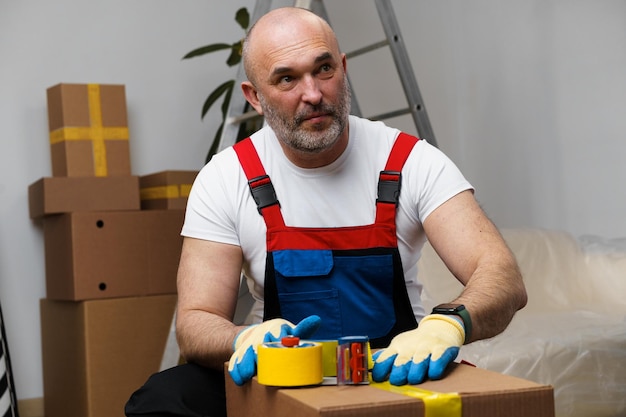 Man Mover in einheitlichen Verpackungsboxen mit Klebeband