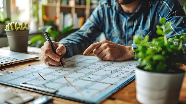 Foto man pointing to calendar marking important dates and organizing schedule efficiently concept time management calendar organization efficient scheduling important dates planning routine