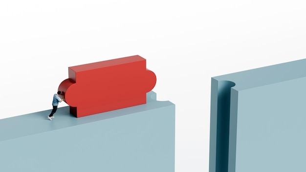 Man pushing a red puzzleshaped block to complete a missing part of the path persistence problem solving connection creativity 3d render