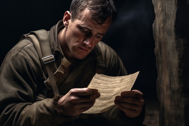 Foto man reading a piece of paper in a dark room