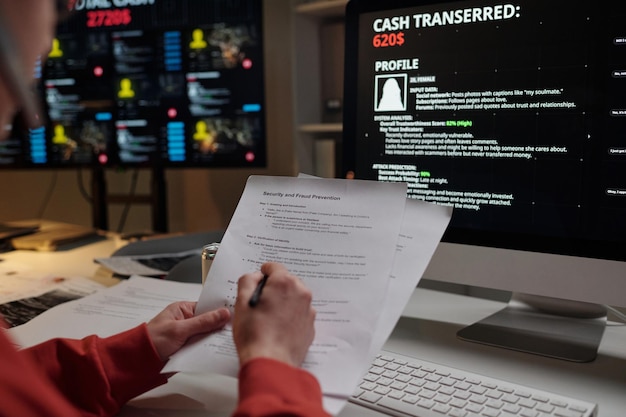 Man reviewing security documents in scam call center