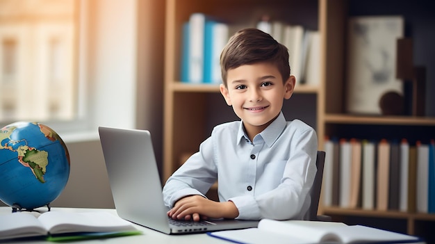 Man sieht einen Jungen, der fleißig mit seinem Laptop lernt