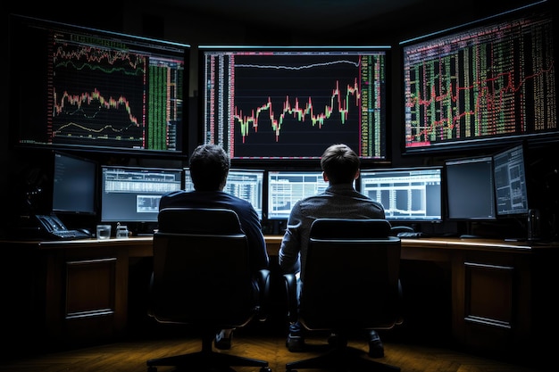 Man sieht zwei Männer vor Computermonitoren in einem dunklen Raum sitzen. Daytrader beobachten mehrere Monitore mit von der KI generierten Diagrammen