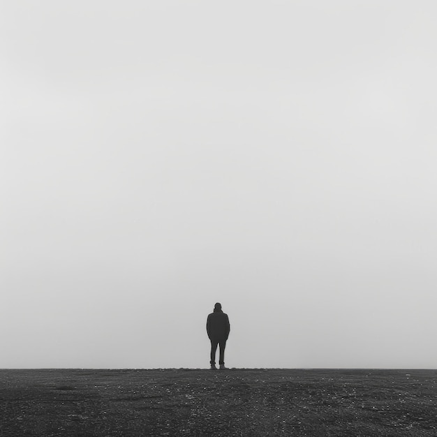 Foto man standing alone in a foggy landscape