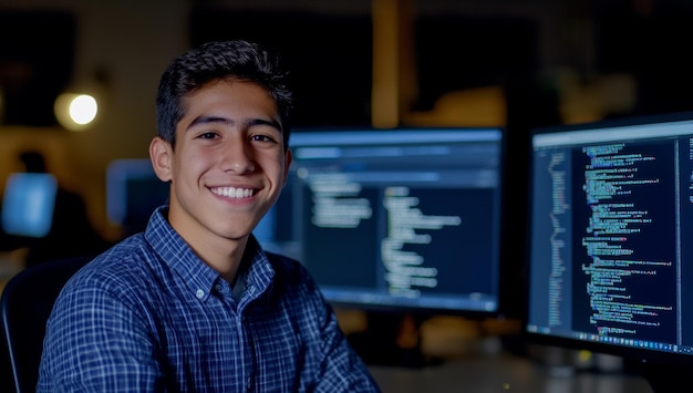A man stands in front of a computer and smiles at the camera IT a face and a male coder or person programming coding and writing for software development