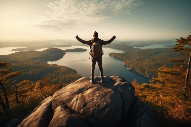 Foto man with hands wide open standing at the top of a mountain enjoying the incredible view of a lake