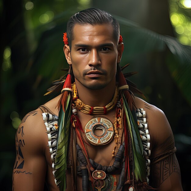 Foto a man with a tattoo on his chest is wearing a colorful necklace