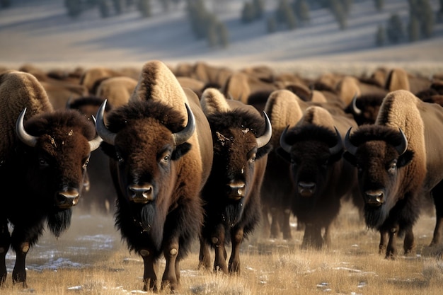 Manada de bisontes caminando en un campo con nieve en el suelo