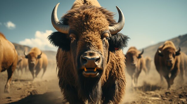 Foto una manada de bisontes corre a través de un campo