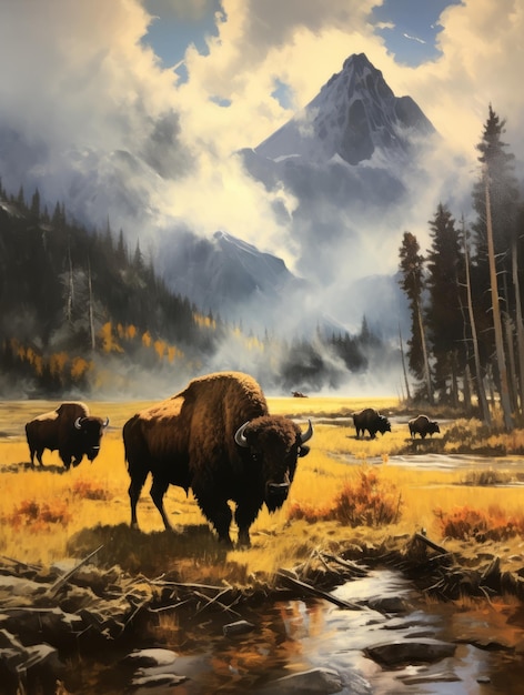 La manada de bisontes en el otoño de Yellowstone