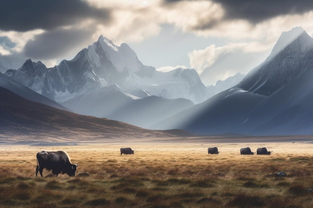 Una manada de bisontes pasta en un campo con montañas al fondo.
