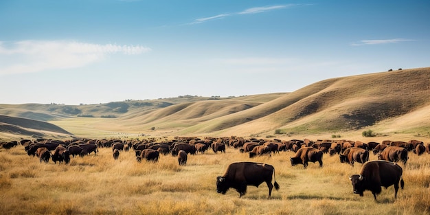 Manada de bisontes pastando en una llanura con colinas y un cielo azul claro IA generativa