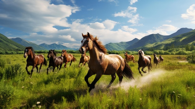 Manada de caballos corre en una hermosa pradera verde