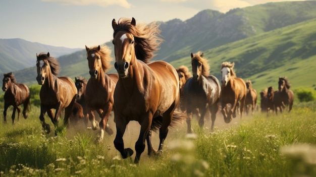 Manada de caballos corre en una hermosa pradera verde