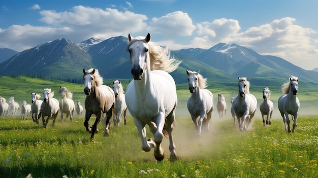 Manada de caballos corre en una hermosa pradera verde