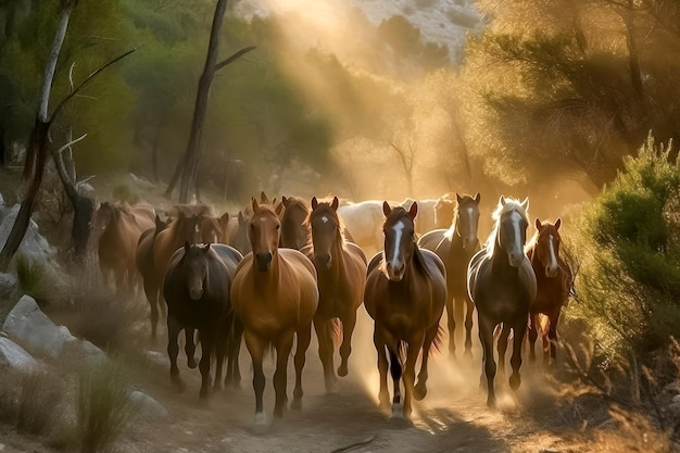 Una manada de caballos corriendo libres