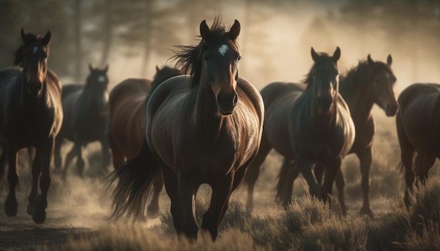 Manada de caballos corriendo pastando en un tranquilo prado al atardecer generado por inteligencia artificial