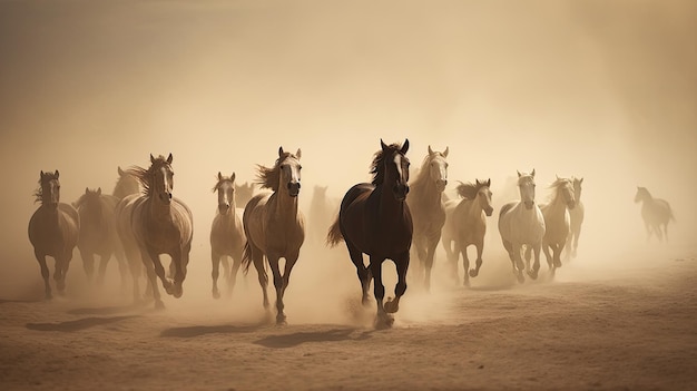 Una manada de caballos corriendo en el polvo