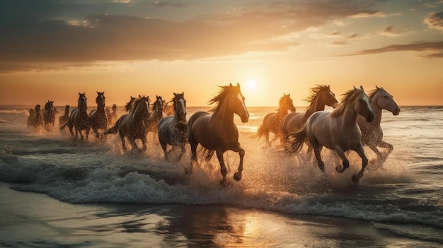 Manada de caballos galopando en el mar al atardecer en verano