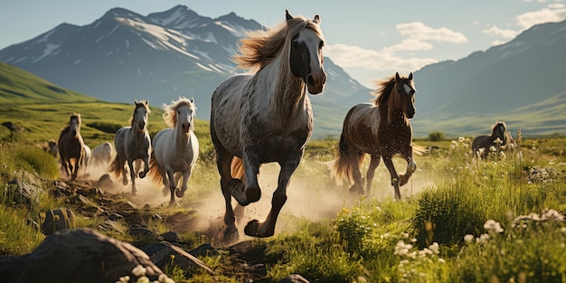 Una manada de caballos galopando a través del río corriendo por el agua