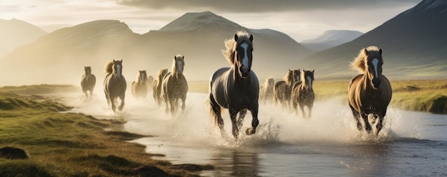 Una manada de caballos islandeses en el paisaje de Islandia ai generativo