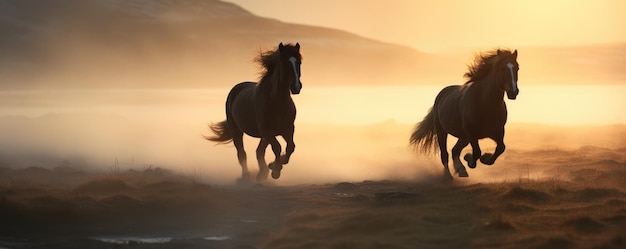 Una manada de caballos de Islandia en el paisaje generativo de Islandia