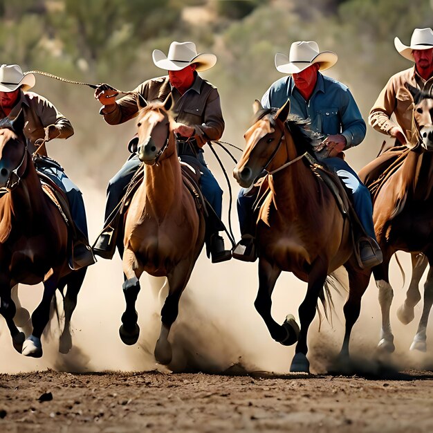 una manada de caballos mientras balancean lassos o cuerdas sobre su cabeza generadas por IA