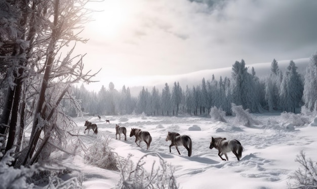 Una manada de caballos salvajes camina por un campo nevado.