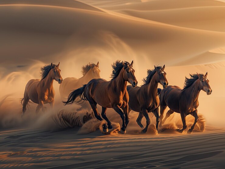 Una manada de caballos salvajes galopando a través de las dunas de arena su movimiento creando una sensación de libertad y