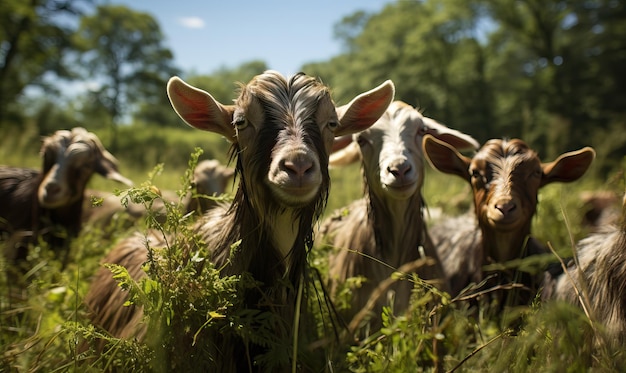 Una manada de cabras marrones pastan en el valle.