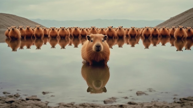 Foto una manada de capibaras está parada en un estanque.