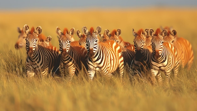 Una manada de cebras moviéndose juntas en un campo de hierba, primer plano extremo, IA generativa.