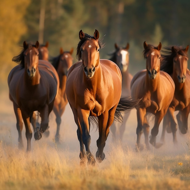 Manada Corrente de Cavalos Marrons Energia Equina Majestosa em Movimento AI