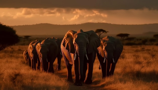 Manada de elefantes africanos pastando en la sabana generada por IA