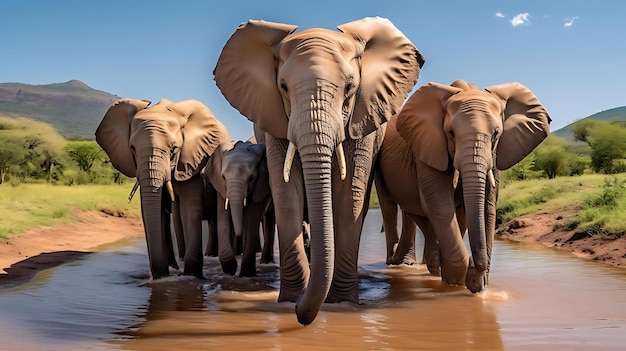 Una manada de elefantes en el agua con las palabras quot colmillos quot en la parte inferior