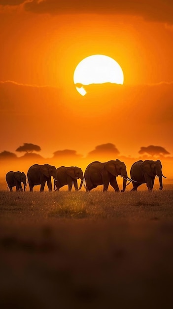 Una manada de elefantes caminando a través de un campo de hierba seca al atardecer con el sol en el fondo