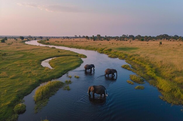 Foto una manada de elefantes caminando a través de un río