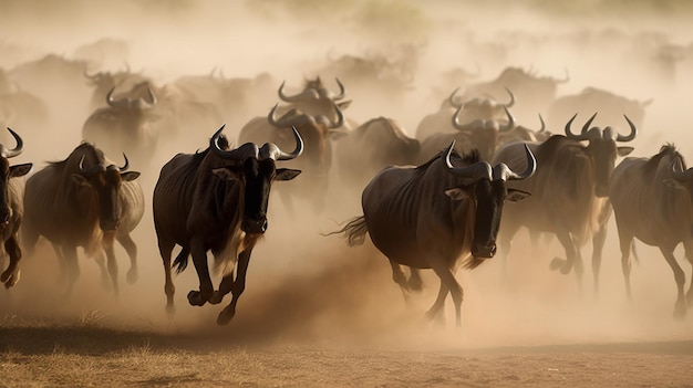 Una manada de gnues pateando el polvo mientras corren a través de las llanuras africanas sus pezuñas truenando contra la tierra