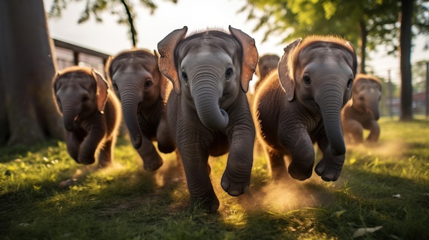 Una manada de lindos elefantes corriendo y jugando en la hierba verde del parque