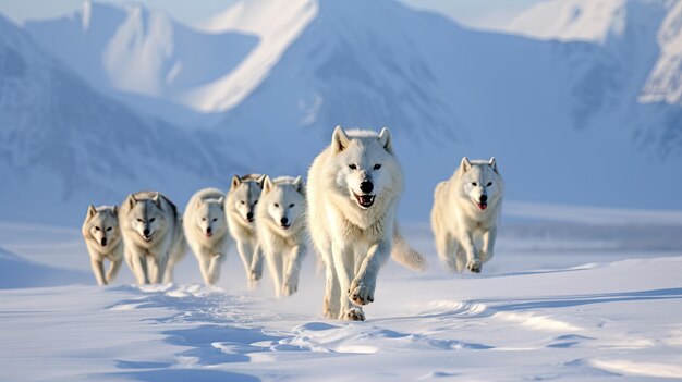 Foto una manada de lobos atraviesa un paisaje cubierto de nieve en la tundra ártica