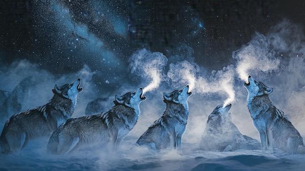 La manada de lobos aullando bajo el cielo estrellado
