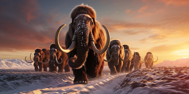 Una manada de mamuts de la era glacial prehistórica vagando por la tundra ártica